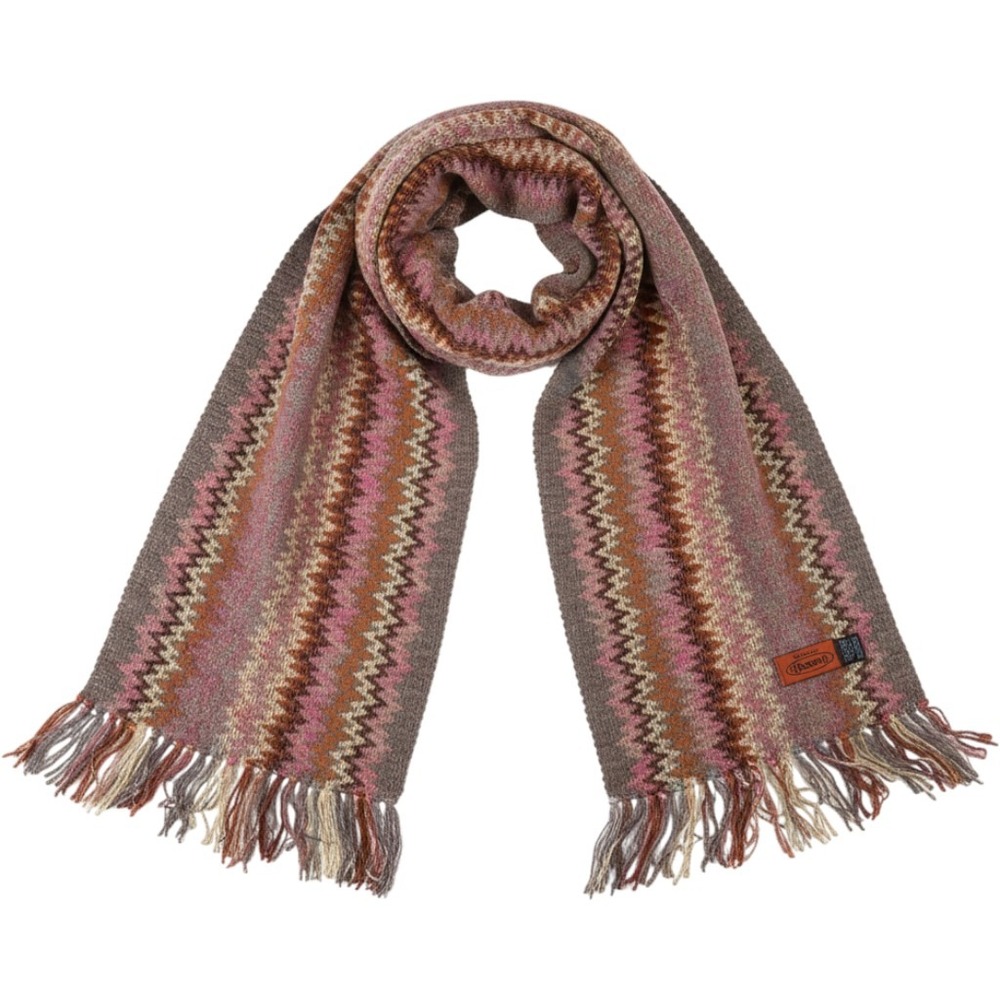 Missoni Foulard Zigzag Knit Scarf Wool Blend Fringe Mauve Brown Pink Italy
